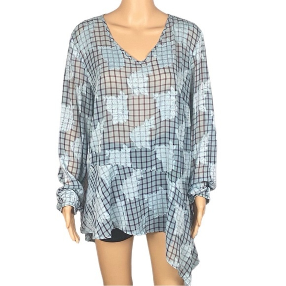 LOGO by Lori Goldstein sheer asymmetrical mint & black plaid peplum blouse Large